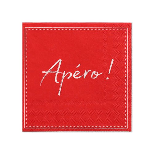 A pack of 20 red three-ply napkins (25 x 25 cm, 1/4 fold) from PAPSTAR GmbH with a white border and "Apéro!" in white cursive in the center.