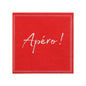 A pack of 20 red three-ply napkins (25 x 25 cm, 1/4 fold) from PAPSTAR GmbH with a white border and "Apéro!" in white cursive in the center.