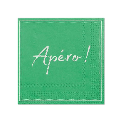 The PAPSTAR 20 napkins (25x25 cm, three-ply, 1/4 fold) from PAPSTAR GmbH present a green design with white stitching and the inscription "Apéro!" - ideal for stylish table decoration at any gathering.