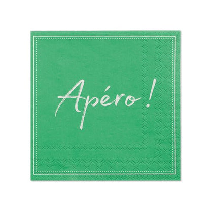 The PAPSTAR 20 napkins (25x25 cm, three-ply, 1/4 fold) from PAPSTAR GmbH present a green design with white stitching and the inscription "Apéro!" - ideal for stylish table decoration at any gathering.