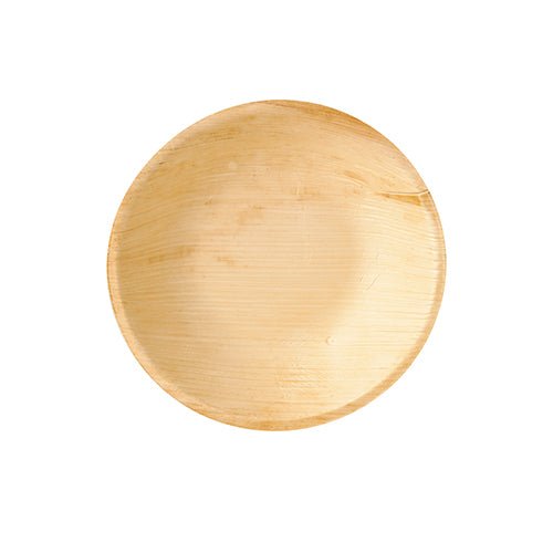 A round, flat PAPSTAR palm leaf bowl (17.5 cm, set of 6), environmentally friendly, with a smooth surface photographed from above against a white background.