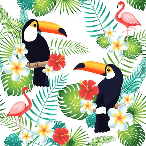 Two illustrated toucans sit on branches with tropical leaves and blossoms, while two pink flamingos stand amidst the foliage. PAPSTAR 20 napkins, 40 x 40 cm, 3-ply, 1/4-fold, by PAPSTAR GmbH. White background.