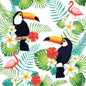 Two illustrated toucans sit on branches with tropical leaves and blossoms, while two pink flamingos stand amidst the foliage. PAPSTAR 20 napkins, 40 x 40 cm, 3-ply, 1/4-fold, by PAPSTAR GmbH. White background.
