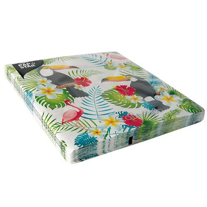 A stack of PAPSTAR 20 napkins from PAPSTAR GmbH, 3-ply, 40x40 cm with tropical toucans, flamingos, green leaves, and yellow-white flowers on a white background. Inscription "Paper napkins".