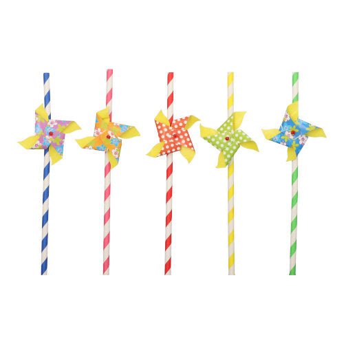 Fifty PAPSTAR paper straws (Ø 6mm, 20cm) from PAPSTAR GmbH in various colors, each with a pinwheel with yellow and patterned leaves, are arranged vertically. The biodegradable straws stand against a white background.