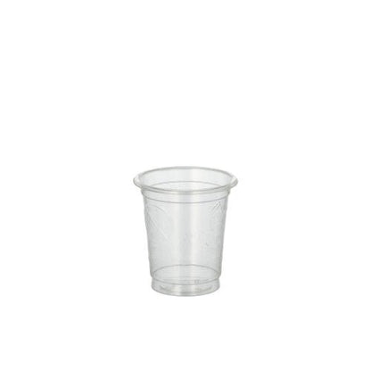 A clear, small PAPSTAR 40 glasses for shot plastic cup from PAPSTAR GmbH with a slightly flared rim stands centered on a plain white background.