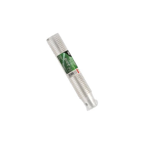 A roll of PAPSTAR 40 glasses for shot, PS crystal-clear PLA "pure" from PAPSTAR GmbH is packaged in a transparent packaging with a green-white label with product details.