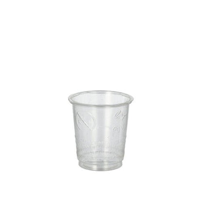 A transparent shot glass from PAPSTAR GmbH, made from crystal-clear PS and PLA "pure", is shown empty on a white background. The cup is one of 40 from the PAPSTAR 40 glasses for shot set and features subtle grooves at the bottom area.
