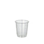 A transparent shot glass from PAPSTAR GmbH, made from crystal-clear PS and PLA "pure", is shown empty on a white background. The cup is one of 40 from the PAPSTAR 40 glasses for shot set and features subtle grooves at the bottom area.
