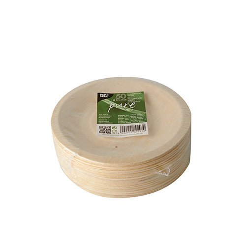 A stack of PAPSTAR 50-piece finger food trays "pure" wood by PAPSTAR GmbH, packaged in plastic with a green-white label with product info and barcode - perfect for eco-friendly and sustainable presentations.