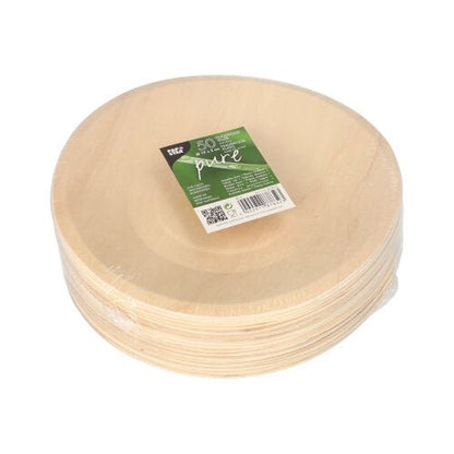 A stack of PAPSTAR 50-piece finger food trays made of wood "pure" by PAPSTAR GmbH is packaged in plastic, with a green-white label showing product information and sustainability symbols.