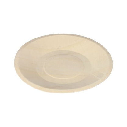 The PAPSTAR 50-piece finger food tray made of wood "pure" by PAPSTAR GmbH is round, eco-friendly, with a slightly raised edge and subtly recessed center - placed on a white background.