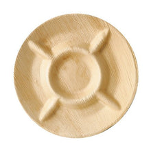 A round, light palm leaf ashtray from PAPSTAR GmbH made from environmentally friendly material with three grooves for cigarettes, top view on a white background. Product: PAPSTAR 6 plates, palm leaf "pure" 5-divided.