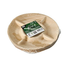 A stack of round, 5-divided disposable palm leaf plates – PAPSTAR 6 plates, palm leaf "pure" 5-divided from PAPSTAR GmbH – made of biodegradable material, wrapped in plastic and labeled with a green tag.