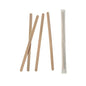 Five PAPSTAR 1000 wooden stir sticks "pure" from PAPSTAR GmbH, four of which are loose and one individually wrapped, lie on a white background – the environmentally friendly choice for enjoying coffee.