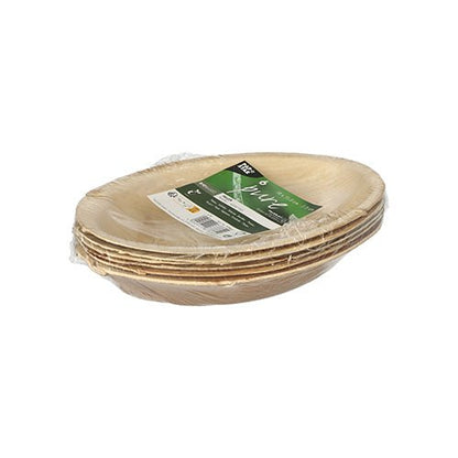 A stack of oval 6-piece plates "Pure" from PAPSTAR GmbH, palm leaf, made from natural palm leaf, wrapped in transparent foil and provided with a green-white label – ideal for eco-friendly events.