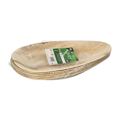 A stack of oval palm leaf plates "pure" from PAPSTAR GmbH with 6 plates, wrapped in transparent foil and provided with a green-white label – perfect for eco-friendly events.