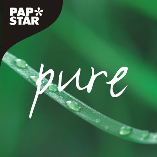 A close-up of a green blade of grass with water droplets, with "pure" in white lettering above. In the upper left corner is a black area with the logo of PAPSTAR GmbH, highlighting the oval 6-plate palm leaf "pure" for eco-friendly events.