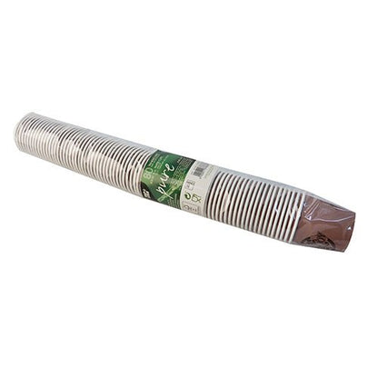 A transparent, plastic-wrapped bundle contains stacked white PAPSTAR 80 paper cups 'Pure Joy' by PAPSTAR GmbH, with a brown interior and green label, combining eco-friendliness and modern design.