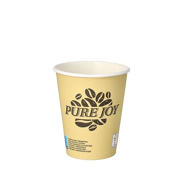 The PAPSTAR 50 drinking cups, cardboard 0.2 l from PAPSTAR GmbH is a beige disposable cardboard cup with the lettering "Pure Joy" and a coffee bean graphic on a white background.