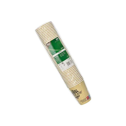 Depicted is a pack of 50 PAPSTAR 0.2 l cardboard cups from PAPSTAR GmbH, packaged in clear plastic with a green-white label. The beige disposable cups have a subtle stripe pattern and a small design on the edge.