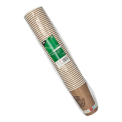 A stack of brown PAPSTAR 50 drinking cups, cardboard 0.4 l, from PAPSTAR GmbH, wrapped in clear foil, with white horizontal stripes and a green label indicating a pack of 50 sturdy cardboard cups.
