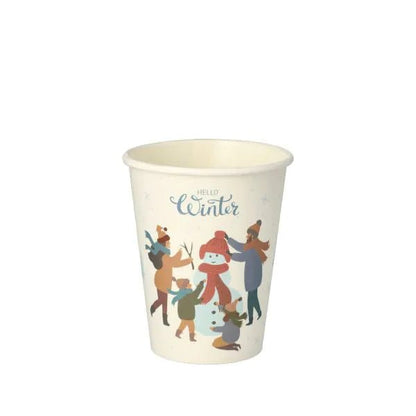 White PAPSTAR GmbH 0.2 l cardboard cups from the PAPSTAR 50 drinking cup set with winter-clad people around a snowman and the lettering "Hello Winter" - ideal for serving festive, seasonal drinks.
