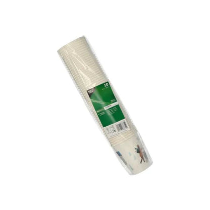 A plastic-wrapped stack of 50 white PAPSTAR 0.2l disposable cardboard cups from PAPSTAR GmbH, partially with small print - ideal as practical party cups or for events.