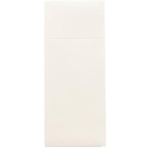 The Starpak 100 cutlery pouches, Airlaid 40 cm x 33 cm with cutlery fold, feature a smooth, cream-colored rectangular design with a horizontal seam and are therefore ideal for use in restaurants.