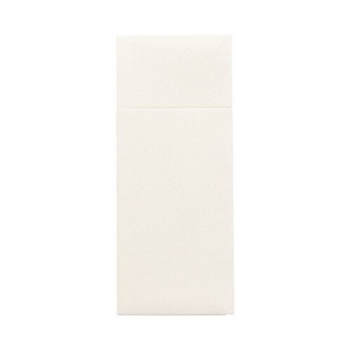 The image shows a rectangular, cream-colored Starpak 100 cutlery pouch envelope made of durable Airlaid material (40 x 33 cm) with cutlery fold – ideal for use in the hospitality industry due to its elegant appearance.