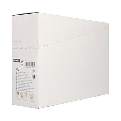 A Starpak 100 cutlery pouch box (Airlaid 40 cm x 33 cm with cutlery fold) is depicted at an angle and features a product label and a perforated top for easy opening – ideal for use in restaurants.