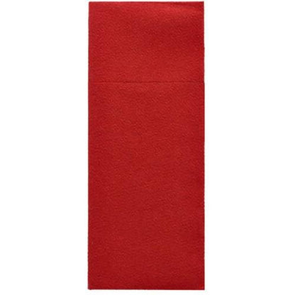 The Starpak 100 cutlery pouches are red, textured Airlaid paper napkins (40 x 33 cm) with a horizontal fold, perfect for cutlery pouches in restaurants.