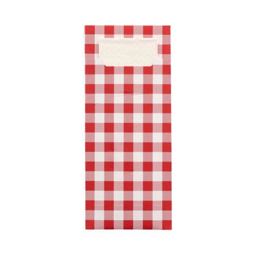 The PAPSTAR 520 cutlery bags (20 x 8.5 cm) from PAPSTAR GmbH made of 2-ply material feature a red-white checkered design, a white label area at the top, and a handle cutout above the label with a matching napkin.