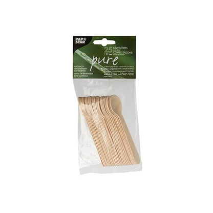A clear plastic bag with 25 PAPSTAR wooden coffee spoons "pure", 11 cm, eco-friendly from PAPSTAR GmbH. A green-white top label provides multilingual information about the product.