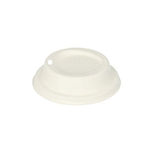 The PAPSTAR 50 dome lid, sugarcane "pure", round and white (2.5 cm), made from eco-friendly sugarcane by PAPSTAR GmbH, ideal for catering businesses and photographed on a white background with a raised center and two drinking openings.