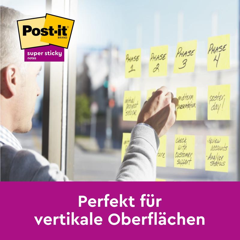 A person places 3M Deutschland GmbH Post-it® Super Sticky Notes, 76x76 mm, promotion, 90 sheets/block, 100% PEFC on a glass pane. A purple banner below reads in German: "Perfect for vertical surfaces."