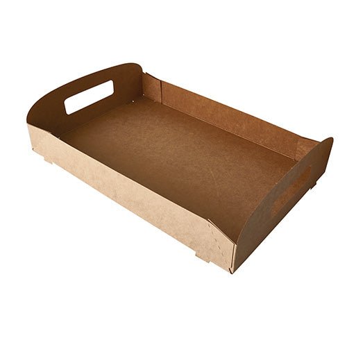 The PAPSTAR 10 carrying trays made of brown cardboard "pure" from PAPSTAR GmbH feature raised sides and cut-out handles and are environmentally friendly – ideally presented against a white background.