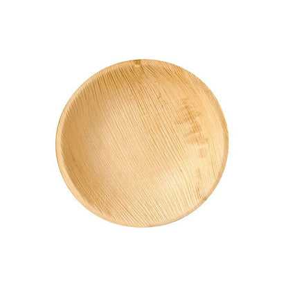 A PAPSTAR plate made of palm leaf "pure", round (Ø 18.5 cm), sustainable, with a smooth surface and natural grain, photographed from above on a white background. Brand: PAPSTAR GmbH. Box with 25 pieces.
