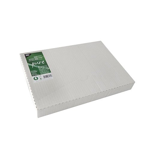 The PAPSTAR cream cover paper "pure" (32x22 cm, white) comes in a closed white dispenser box with a green label with the inscription "100% pure", recycling symbols, and product information. Due to the palm wax coating, it is ideal for use in gastronomy. 1000 sheets per box.