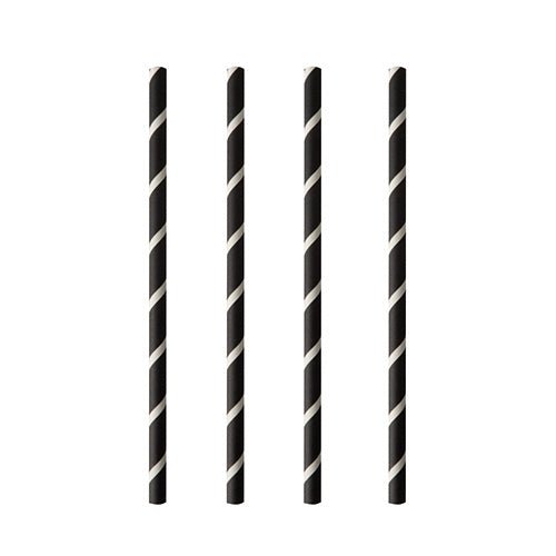 Four PAPSTAR 100 shake straws made of paper (Ø 8 mm) from the brand PAPSTAR GmbH with black and white diagonal stripes are arranged vertically on a white background - stylish and environmentally friendly.