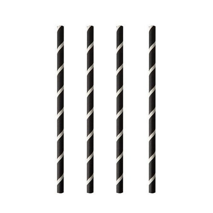 Four PAPSTAR 100 shake straws made of paper (Ø 8 mm) from the brand PAPSTAR GmbH with black and white diagonal stripes are arranged vertically on a white background - stylish and environmentally friendly.