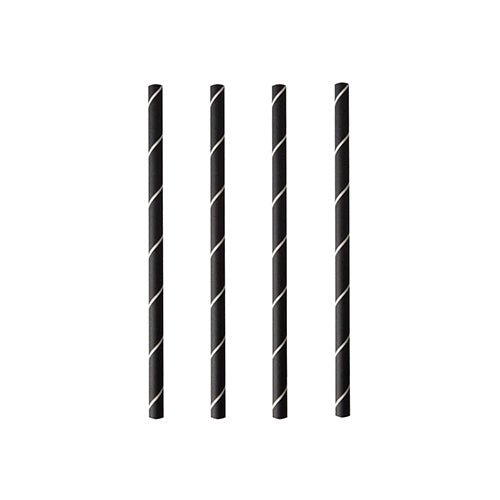 Four PAPSTAR cocktail straws 7 mm, black/white "Stripes" (foil, 15 cm), of the brand PAPSTAR GmbH, are arranged vertically and evenly on a white background.
