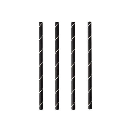 Four PAPSTAR cocktail straws 7 mm, black/white "Stripes" (foil, 15 cm), of the brand PAPSTAR GmbH, are arranged vertically and evenly on a white background.