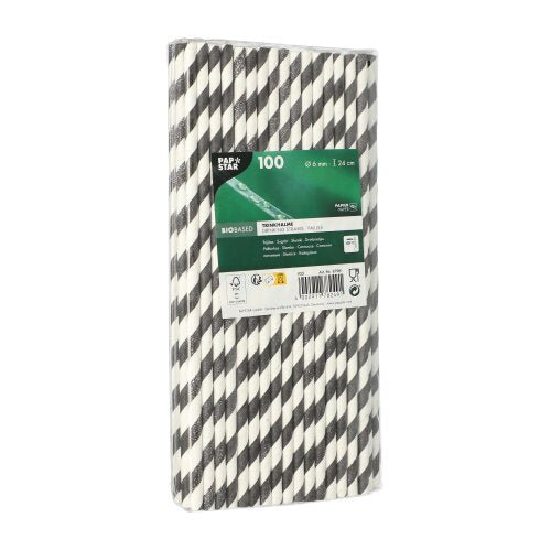 A rectangular package with 100 PAPSTAR 6 mm paper straws from PAPSTAR GmbH stands upright and bears a green-white label with product information and barcode. These eco-friendly straws are biodegradable and sustainable.