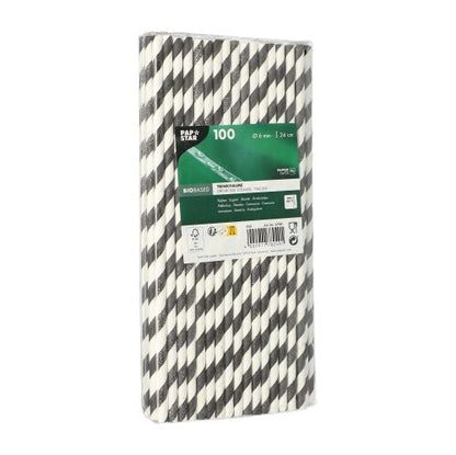 A rectangular package with 100 PAPSTAR 6 mm paper straws from PAPSTAR GmbH stands upright and bears a green-white label with product information and barcode. These eco-friendly straws are biodegradable and sustainable.