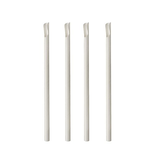 Four white PAPSTAR straws with spoon attachment made of paper (20 cm, Ø 8 mm, 100 pieces) stand upright in a row against a white background; each straw has a slanted cut at the tip.