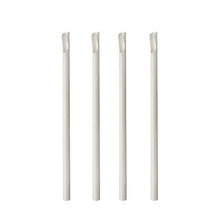 Four white PAPSTAR straws with spoon attachment made of paper (20 cm, Ø 8 mm, 100 pieces) stand upright in a row against a white background; each straw has a slanted cut at the tip.