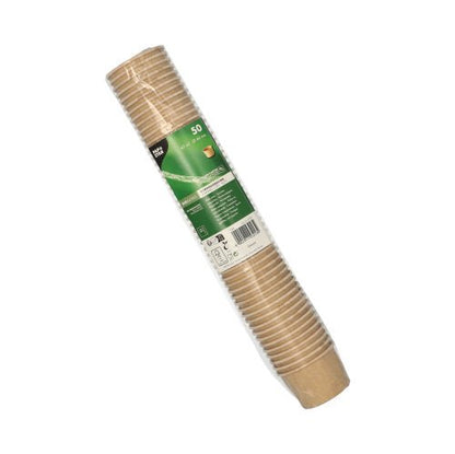 A sealed stack of 50 PAPSTAR portion cups made of brown cardboard from PAPSTAR GmbH is wrapped in plastic and provided with a green-white label. The recyclable disposable cups are arranged cylindrically on a white surface.