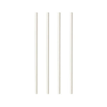 Four white PAPSTAR shake straws paper "pure" (Ø 8 mm, 25 cm) from PAPSTAR GmbH are neatly arranged in a row - sustainable, eco-friendly straws (100 pieces), ideal for any drink.