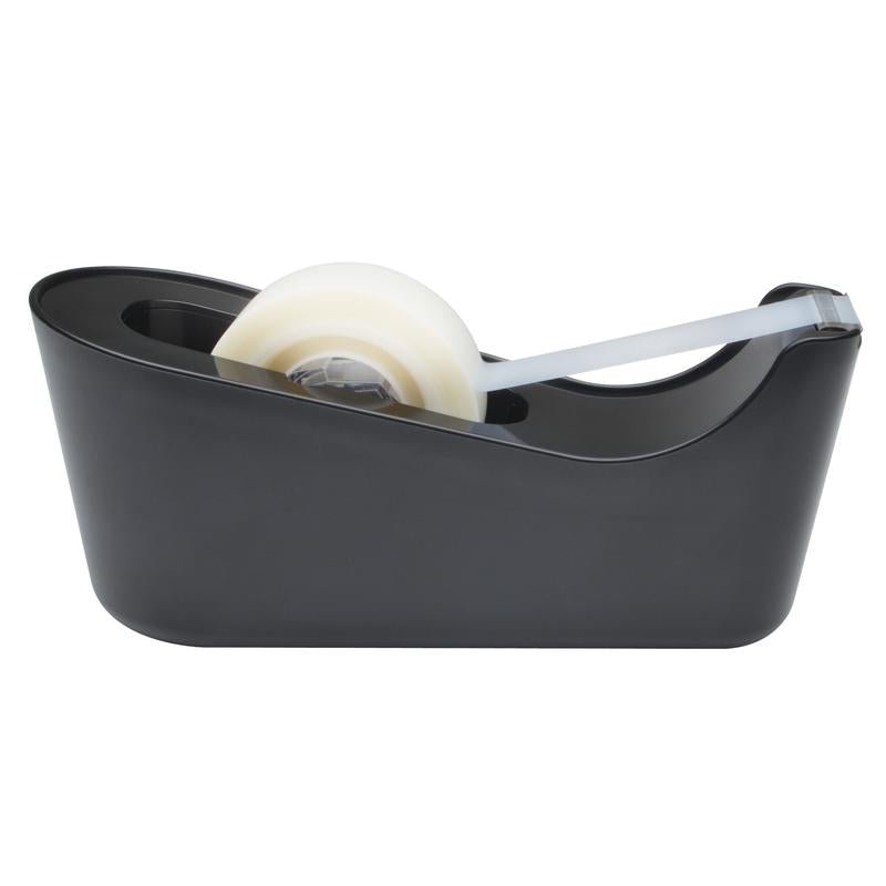 The 3M Deutschland GmbH Scotch™ Desktop Dispenser C18, Black with Scotch® Magic™ Invisible Tape (1 Roll/Pack) is seen on a white background, with the tape extending over the metal edge for tearing.